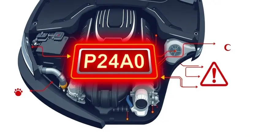 A high-quality technical illustration showing a car engine with a glowing diagnostic scanner displaying the error code P24A0, surrounded by subtle circuit diagrams and warning symbols, clean white background, professional automotive repair theme