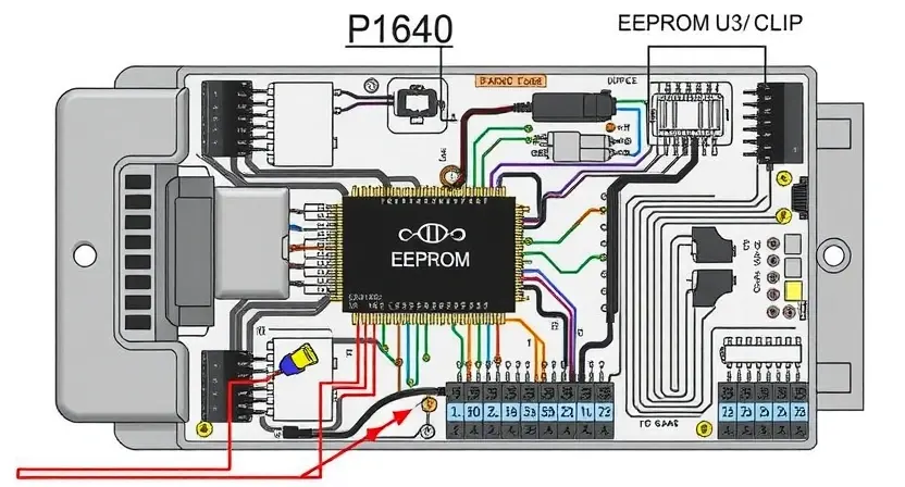 A detailed schematic diagram of an automotive engine control unit (ECU) with a highlighted EEPROM chip. The diagram should show the connections between the ECU, the EEPROM, and other relevant engine components like sensors and actuators. Focus on the internal components and circuitry related to the P1640 error code and EEPROM functionality.