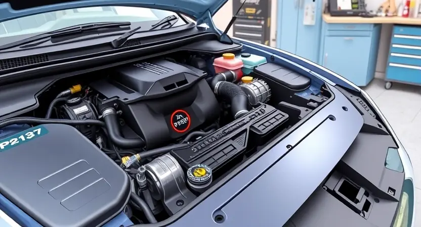 A detailed illustration of a car engine with a highlighted P2127 error code displayed on a dashboard screen. Focus on the engine components and the error message for clarity. The background should be a clean, professional automotive workshop setting.