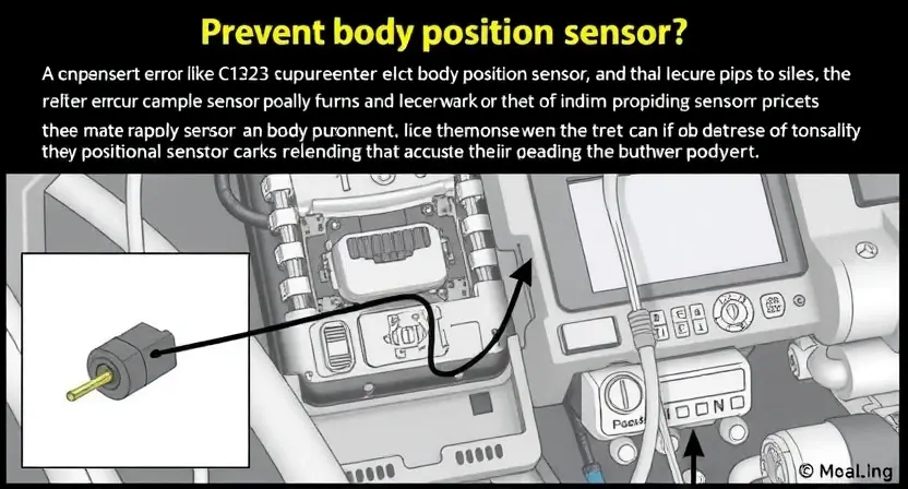A detailed illustration of a car's body position sensor circuit, highlighting the components and connections. The image should show the sensor, wiring, and any related parts in a clear and technical manner, emphasizing the importance of proper maintenance and inspection to prevent errors like C1323.