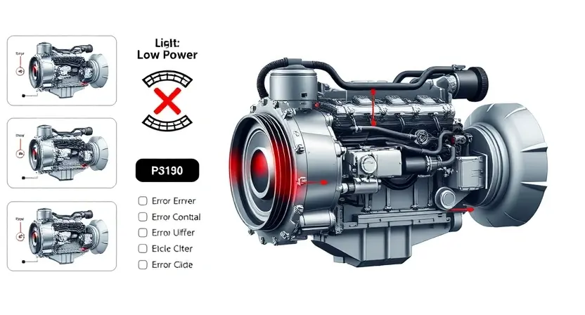 A high-quality technical illustration showing a modern diesel engine with a warning light on the dashboard indicating low power, surrounded by schematic diagrams of engine components and a checklist with a crossed-out error code P3190, clean white background, professional technical drawing style, no text or numbers visible on the image