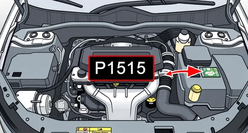 A high-quality technical illustration of a car engine compartment showing the throttle body with visible error code P1515 highlighted, surrounded by diagnostic tools and warning symbols, clean background, professional automotive repair style