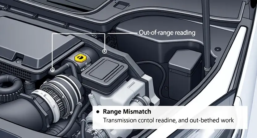 A close-up, detailed illustration of an automotive engine bay. Focus on the area around the transmission control module (TCM) and related sensors. Visually represent a sensor with a range mismatch, perhaps with a subtle visual cue indicating an out-of-range reading (e.g., a slightly distorted waveform or a color shift). The overall aesthetic should be clean and informative, suitable for a technical guide.