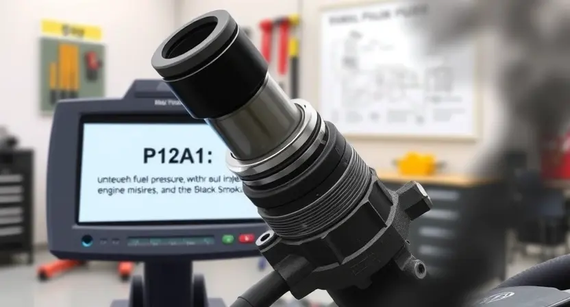 A close-up illustration of a diesel fuel injection pump (ТНВД) with visible error code P12A1 displayed on a diagnostic scanner screen nearby, showing symptoms like uneven fuel pressure, engine misfires, and black smoke from exhaust, set in a clean automotive workshop environment with tools and technical diagrams subtly in the background