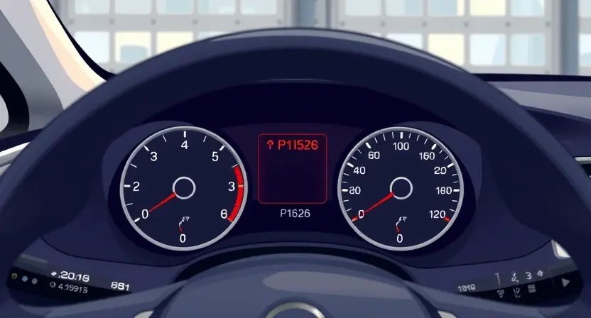 A detailed illustration of an Opel car dashboard with a highlighted error message 'P1526' displayed on the instrument cluster. The dashboard should be clean and modern, focusing on the error indicator. The car should be parked in a well-lit garage setting.