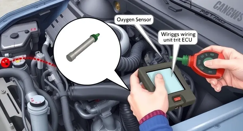 A detailed illustration of a car engine bay with a highlighted oxygen sensor and wiring harness. The sensor should be clearly visible, and the wiring should be traced to the engine control unit (ECU). Include labels pointing to the sensor and relevant wiring components. Focus on the diagnostic aspect, showing a mechanic inspecting the sensor and wiring with a diagnostic tool.