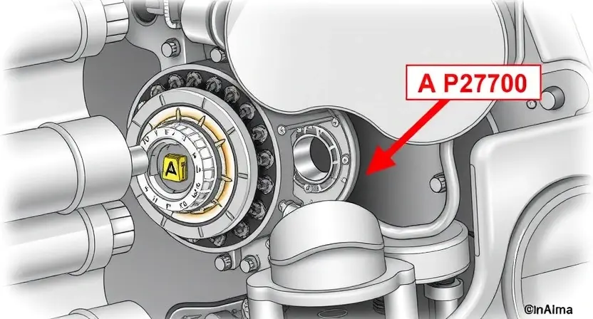 A detailed illustration of a mechanical component labeled 'A' with a friction element. The image should clearly show the component's structure, including any wear and tear on the friction element, and highlight the potential cause of the P2700 error. Focus on technical accuracy and clarity.