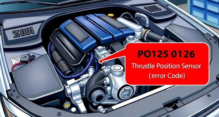 A detailed illustration of a car engine with a highlighted section indicating the throttle position sensor, which is the cause of the P0126 error code. The image should show the engine components in a realistic and detailed manner, with the throttle position sensor clearly visible and emphasized. The background should be a clean, well-lit workshop setting to emphasize the technical nature of the repair process.