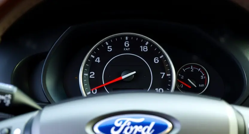 A close-up shot of a Ford vehicle's dashboard, specifically highlighting the instrument cluster and the battery symbol. The background should be slightly blurred to focus on the dashboard elements. The overall lighting should be bright and clear, showcasing the details of the dashboard.