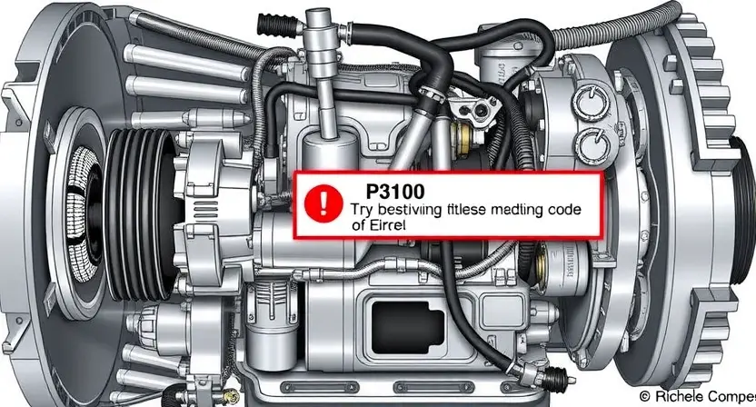 A detailed illustration of a hybrid transmission system, highlighting the P3100 error code. The image should show the internal components of the transmission, with a clear visual representation of the error being flagged. Focus on mechanical parts and diagnostic indicators.