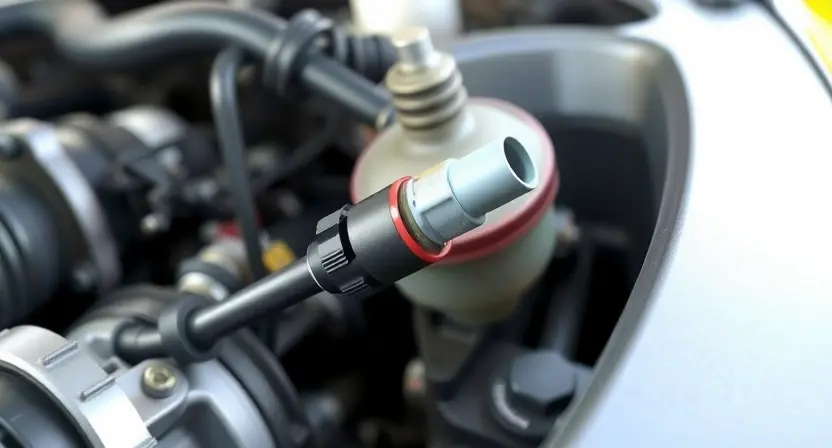 A close-up, detailed illustration of a car engine bay with a focus on the engine coolant temperature sensor. The sensor should be clearly visible, along with surrounding hoses and components. The overall lighting should be bright and clean, highlighting the mechanical details. The background should be slightly blurred to emphasize the sensor.