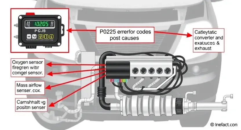 A detailed diagram illustrating a car's engine control unit (ECU) and its connection to various sensors (e.g., oxygen sensor, mass airflow sensor, camshaft position sensor). Arrows should indicate the flow of data between the sensors and the ECU. Highlight the P0225 error code and its potential causes with visual cues. Include a visual representation of the catalytic converter and exhaust system.