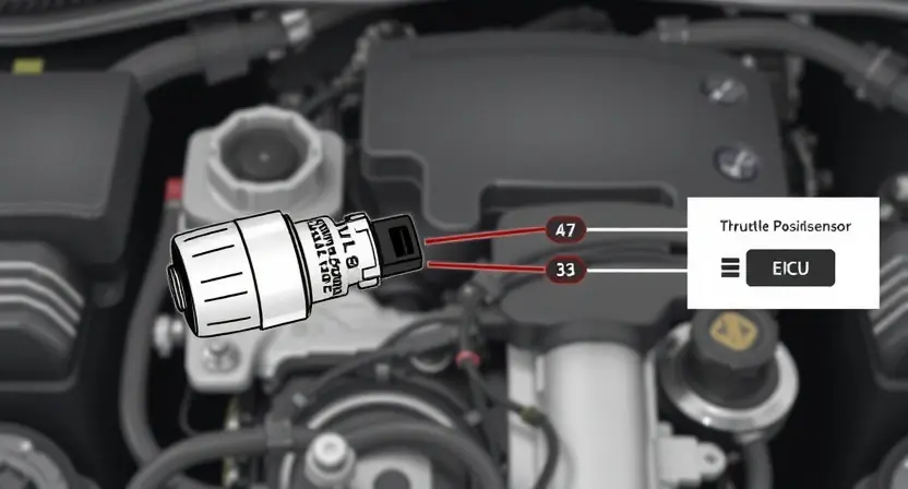 A detailed illustration of a car's throttle position sensor and its wiring harness. The image should clearly show the sensor's physical components, the wiring connecting it to the engine control unit (ECU), and a visual representation of the circuit path. Focus on the sensor's location near the throttle body. The background should be a clean, uncluttered automotive engine bay setting.