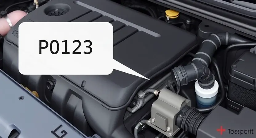 A close-up, detailed illustration of a car engine with a diagnostic code P0123 highlighted on a digital display. The engine should appear clean and well-maintained. Focus on the engine components related to the issue, such as the oxygen sensor or related wiring.
