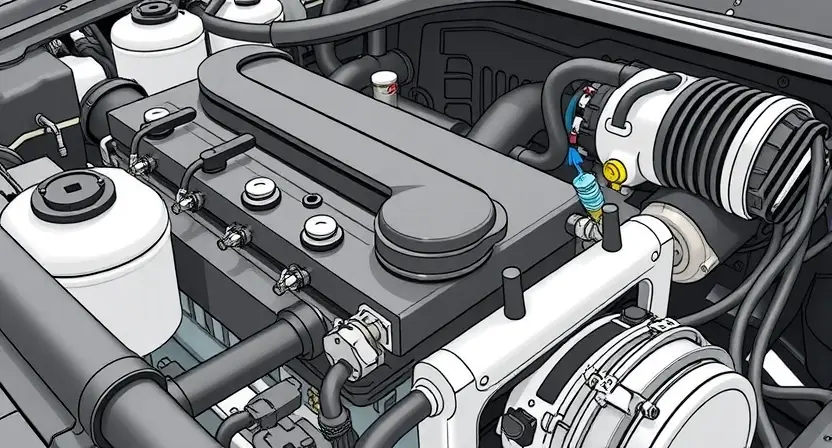 A close-up, detailed illustration of an engine bay with a focus on the intake manifold and associated wiring. Highlight the temperature sensor and its wiring connection. The overall scene should be clean and well-lit, showcasing the components clearly.