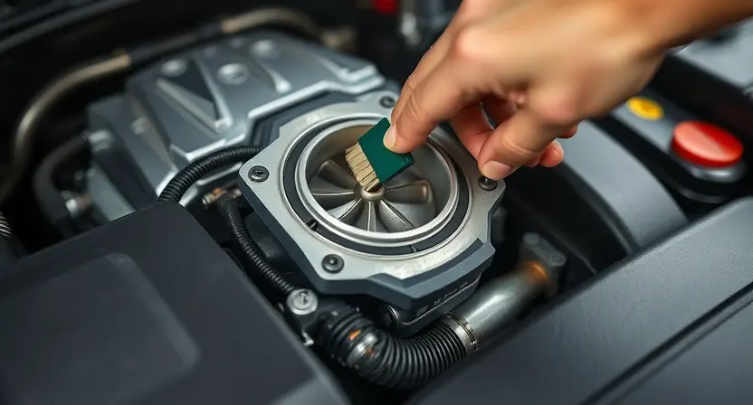 A close-up, detailed image of a car engine's throttle body being cleaned. Focus on the intricate components and the cleaning process, showing a hand gently wiping the throttle plate with a specialized cleaning solution and brush. The engine bay should be clean and well-lit, emphasizing the precision of the repair. The overall impression should be one of technical expertise and effective maintenance.