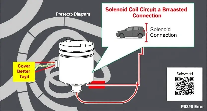 A detailed diagram illustrating a solenoid coil circuit with a broken connection, highlighting the P0248 error code. Include visual cues representing the solenoid and its associated wiring. Focus on clarity and technical accuracy.
