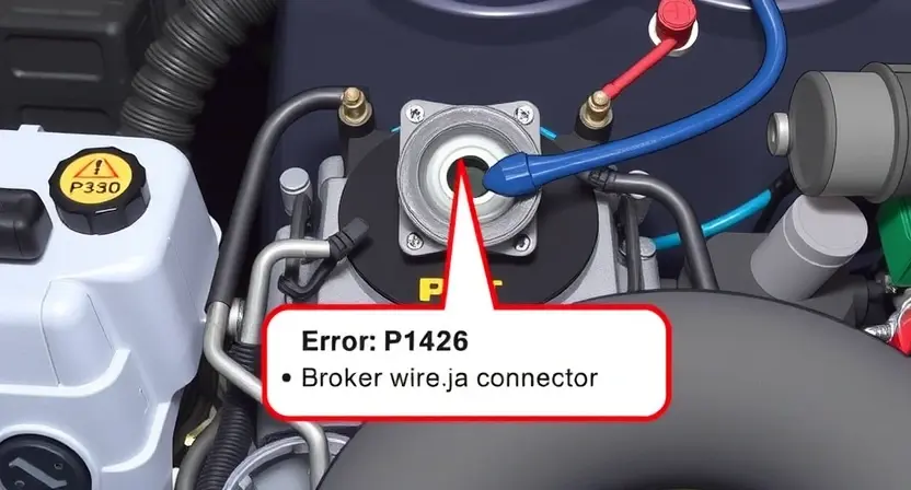 A detailed technical illustration of a car engine showing a broken wire or spark plug connector labeled as the cause of error P1426, with a warning light on the dashboard, clean background, no text or numbers visible
