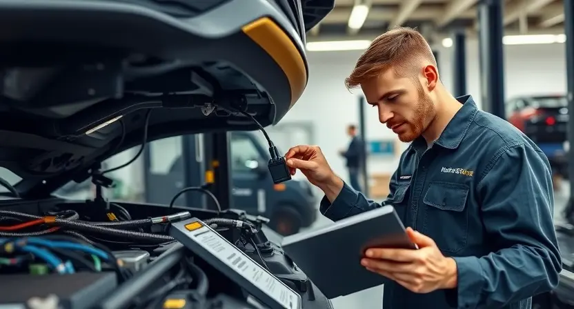 A professional automotive service workshop interior showing a technician inspecting a vehicle's parking system module, with diagnostic equipment and wiring harnesses visible, clean and well-lit environment, technical documentation on a tablet, no text or numbers on any surfaces