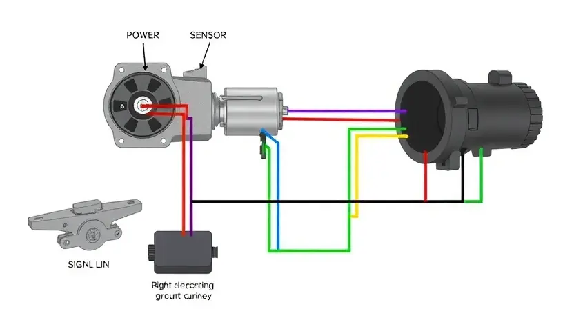 A detailed diagram illustrating the components of a car's handbrake system, specifically focusing on the right electric motor circuit. The diagram should clearly show the motor, wiring connections, sensors, and related control unit. Use color-coding to differentiate between power lines, signal lines, and ground connections. The background should be a clean, neutral color to emphasize the components.