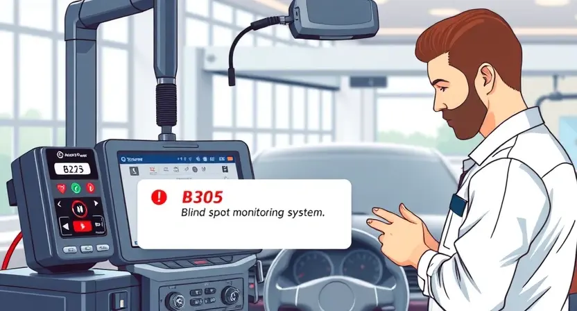 A high-quality technical illustration showing a diagnostic equipment setup in a professional automotive workshop, with a technician examining a vehicle's blind spot monitoring system module, labeled with error code B2305, clean background, no text or numbers on image
