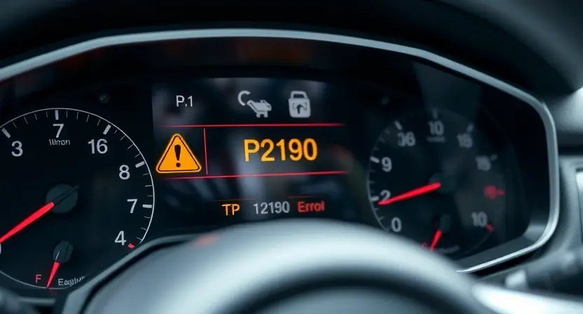 A close-up shot of a car's dashboard displaying a warning light and the error code "P2190". The background should be slightly blurred to focus on the dashboard. The car interior should be clean and modern.