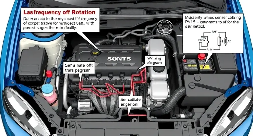 A detailed illustration of a car's engine bay, focusing on the sensor circuit for frequency of rotation. Include wiring diagrams, sensors, and components related to the P0715 error code. The image should be informative and visually clear, highlighting the potential causes of the error.