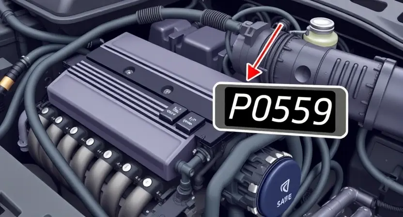 A detailed illustration of a car engine with a highlighted diagnostic code P0559. The engine should be realistically rendered, showing various components like hoses, sensors, and belts. The code P0559 should be clearly displayed on a digital display near the engine, with an arrow pointing to it.