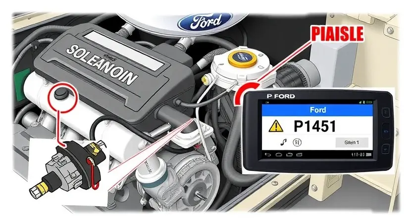 A detailed illustration of a Ford car engine with a focus on the solenoid control circuit. Show the solenoid and its connections, highlighting the potential points of failure. Include a close-up of the solenoid and its wiring, with a visual representation of the error code P1451 displayed on a diagnostic tool screen in the background.