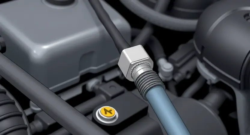 A close-up, detailed illustration of a car's engine bay, focusing on the coolant temperature sensor and its wiring. The sensor should be clearly visible, along with hoses and other engine components. The overall image should convey a sense of automotive mechanics and diagnostics.