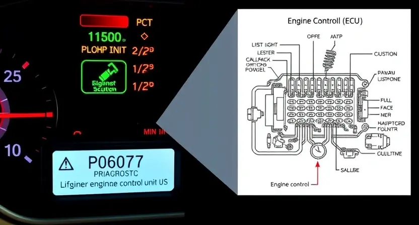 A detailed illustration of an engine diagnostic panel with various warning lights illuminated, alongside a schematic diagram of an engine control unit (ECU). Focus on visual representation of the P0607 code and related engine malfunctions.