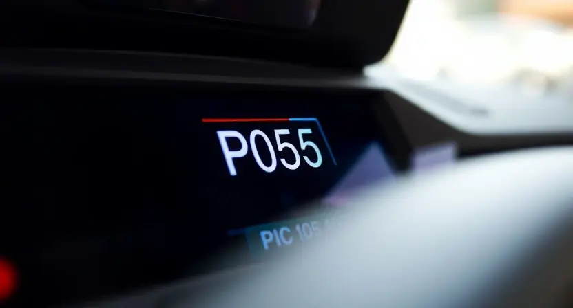 A close-up of a car's dashboard displaying a diagnostic code P0565. The focus should be on the code itself, clearly visible on the screen. The background should be blurred, suggesting a car interior.