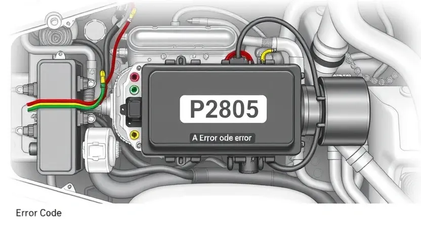 A detailed illustration of an automotive engine control unit (ECU) with various sensors and wiring, highlighting the P2805 error code indicator. The background should be a clean, technical environment.