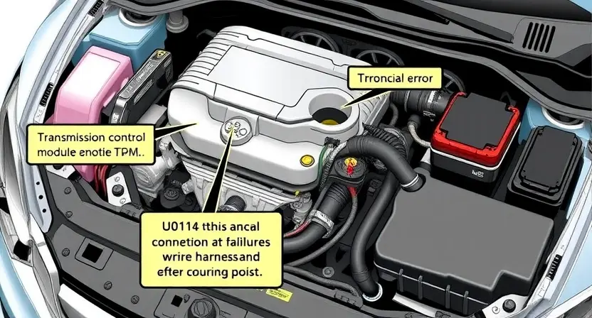 A detailed illustration of a car's engine bay, focusing on the transmission control module (TCM) and its wiring harness. Highlight the connection points and potential areas of failure related to the U0114 error. The image should depict a clean, organized engine bay with clear visibility of the relevant components.