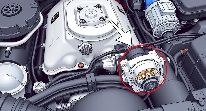 A detailed illustration of an engine bay with a focus on the intake flap actuator. The actuator should be clearly visible, perhaps with an arrow pointing to it. Show surrounding engine components like hoses, belts, and the intake manifold. The overall scene should be clean and well-lit, emphasizing mechanical precision.