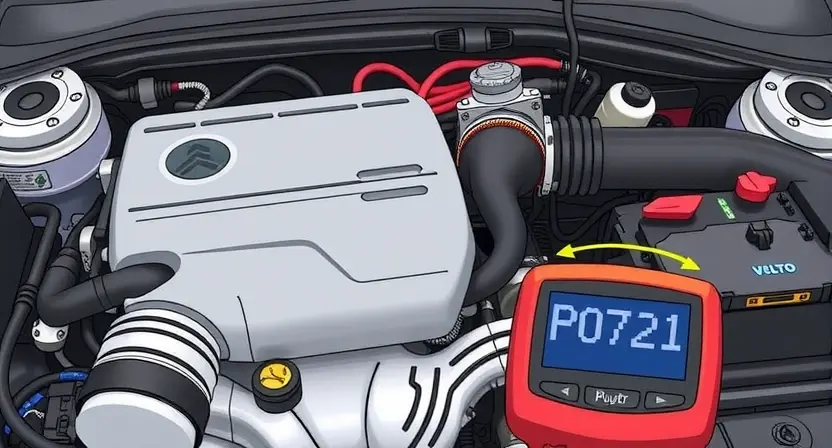 A detailed illustration of a car's engine bay with a diagnostic code reader displaying 'P0721'. Focus on the engine components, wiring, and the code reader.
