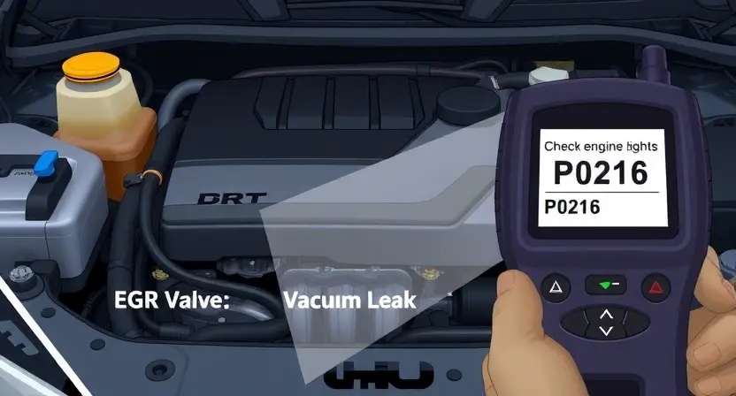 A detailed illustration of a car's engine bay with a check engine light illuminated. Focus on the diagnostic trouble code (P0216) displayed on a scan tool. Include visual cues representing the potential causes of the error, such as a faulty EGR valve or vacuum leak.