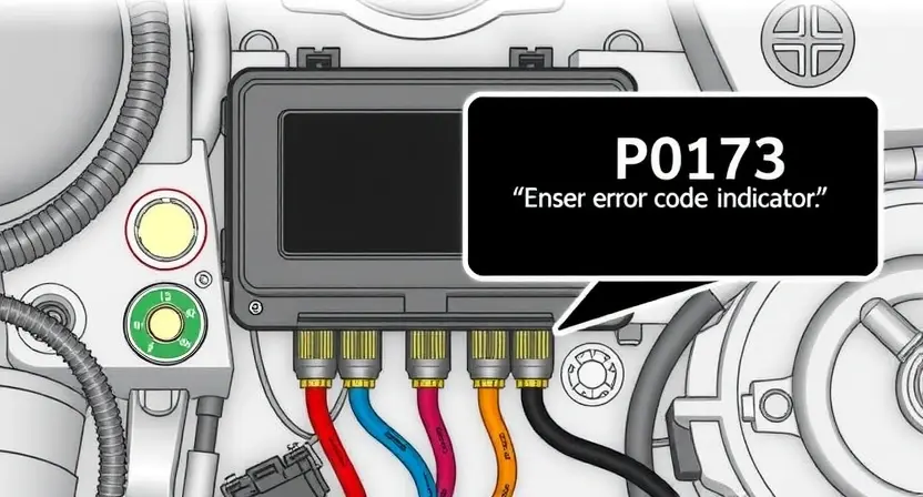 A detailed illustration of an automotive engine control unit (ECU) with various sensors and wiring, highlighting the P0173 error code indicator. The image should be clean and professional, suitable for a technical manual or website.