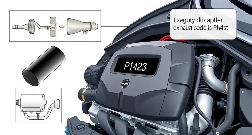 A high-quality technical illustration showing a car engine with a highlighted diagnostic scanner displaying error code P1423, surrounded by schematic diagrams of exhaust system components, clean white background, professional automotive repair style