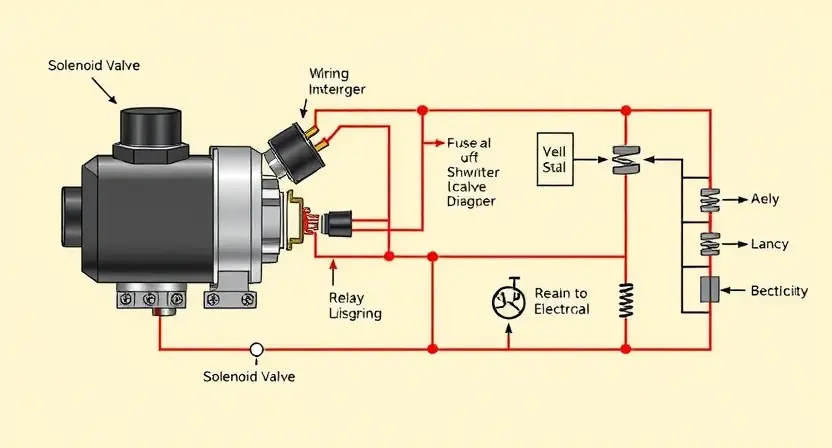 A detailed illustration of a car's solenoid valve circuit. The image should clearly show the solenoid valve itself, wiring connections, and related components like relays and fuses. Use clear, technical diagrams and labels to indicate each part's function. Focus on the physical arrangement of the components and the flow of electricity through the circuit. The background should be a clean, neutral color to emphasize the circuit diagram.