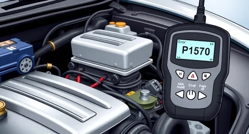 A detailed illustration of an automotive engine bay with a diagnostic tool connected to the vehicle's computer. The engine should be partially visible, showcasing various components like the intake manifold, engine block, and wiring. A digital display on the diagnostic tool should show the error code P1570. The background should be a slightly blurred view of the car's interior.