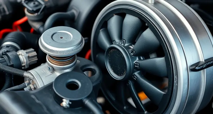 A close-up, detailed image of a car's engine bay, focusing on the cooling system components. The thermostat housing and radiator fan are clearly visible. The overall scene should convey a sense of mechanical inspection and potential malfunction. Use realistic lighting and textures to highlight the metallic surfaces and hoses.