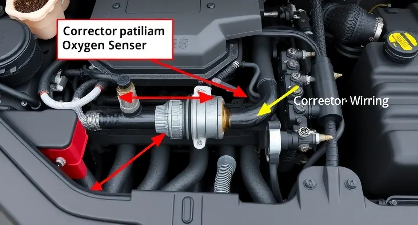 A high-quality technical illustration showing a car engine bay with the oxygen sensor and its wiring harness highlighted, focusing on damaged wiring and connector corrosion, clean background, no text or numbers visible