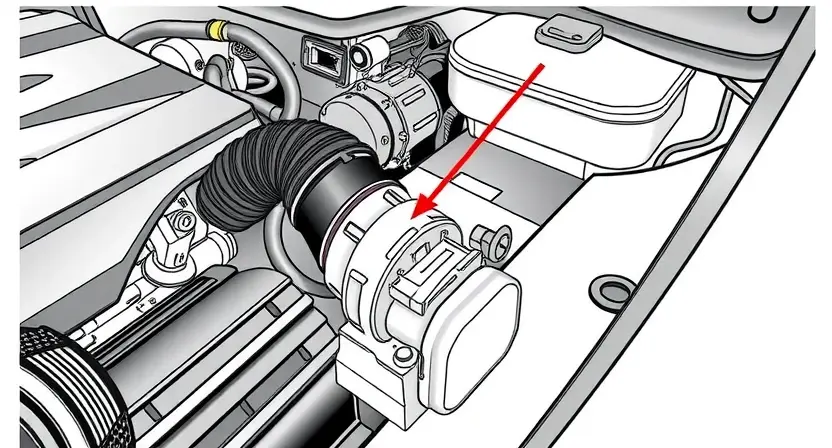A close-up illustration of a car's engine bay, highlighting the Mass Airflow Sensor (MAF) and its wiring. The sensor should be clearly visible, with a focus on its connection points and the surrounding components. The overall scene should be clean and well-lit, emphasizing the technical details.