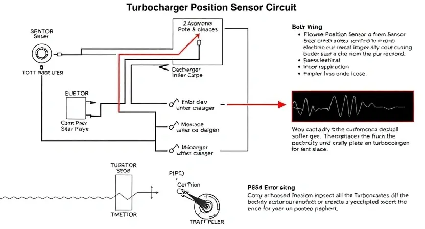 A detailed schematic diagram of a turbocharger position sensor circuit, highlighting the sensor, wiring, and potential failure points. Include visual representations of electrical signals and possible causes of the P2564 error code.