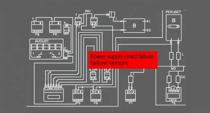 A detailed schematic diagram of an automotive engine control unit (ECU) with a highlighted section indicating a power supply circuit failure affecting sensors labeled 'B'. The diagram should show wiring, components, and potential causes of the error.