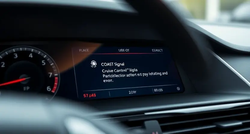A detailed, high-resolution image of a car's dashboard showing the cruise control system. Focus on the display screen, highlighting the error message related to the COAST signal. Include visual cues indicating a malfunction, such as a flashing icon or a specific color. The car interior should be slightly blurred in the background to emphasize the dashboard.
