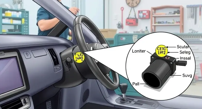 A detailed illustration of a car's steering column with a highlighted sensor, showing its position and connection points. The image should include a close-up view of the sensor with labeled components to indicate its function. The background should depict a workshop setting with tools and a technician working on the steering system.