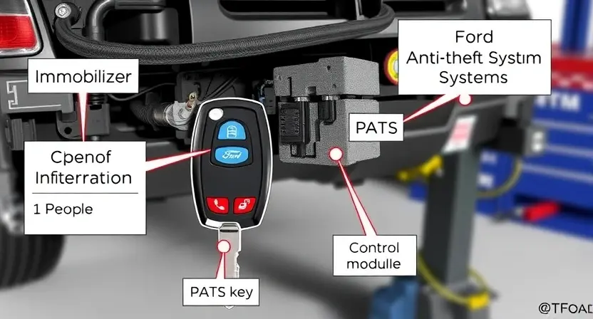 A detailed illustration of a Ford vehicle's anti-theft system (PATS) components, highlighting the key elements like the immobilizer, key, and control module. The image should clearly show the connections and interactions between these parts. Focus on a clean, technical representation suitable for a repair manual or informational guide. The background should be a neutral, slightly blurred automotive workshop environment.