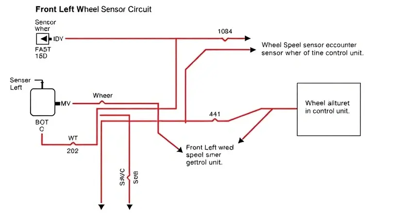 A detailed schematic diagram illustrating a vehicle's front left wheel speed sensor circuit. The diagram should clearly show the sensor, wiring, and connection to the vehicle's control unit. Highlight the potential points of failure in the circuit. Focus on technical accuracy and clarity.